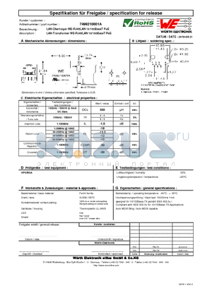 7499210001A datasheet - LAN-Transformer WE-RJ45LAN 10/100BaseT PoE