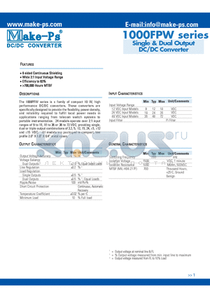 1015S12FPW datasheet - Single & Dual Output DC/DC Converter