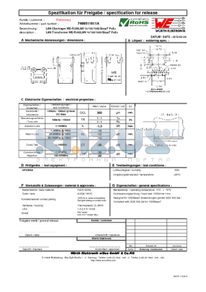 7499511611A datasheet - LAN-Transformer WE-RJ45LAN 10/100/1000 BaseT PoE