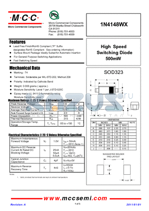 1N4148WX datasheet - High Speed Switching Diode 500mW