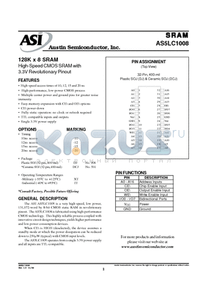 AS5LC1008 datasheet - 128K x 8 SRAM High-Speed CMOS SRAM with 3.3V Revolutionary Pinout