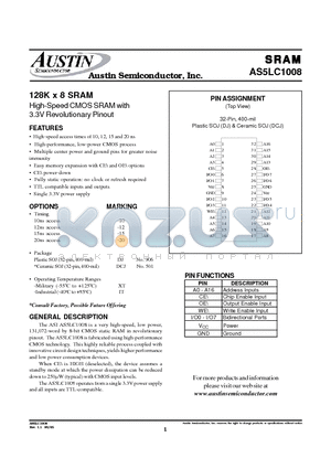 AS5LC1008DCJ-10/XT datasheet - 128K x 8 SRAM High-Speed CMOS SRAM with 3.3V Revolutionary Pinout