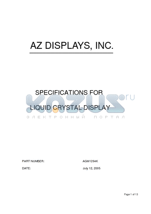 AGM1264K datasheet - SPECIFICATIONS FOR LIQUID CRYSTAL DISPLAY