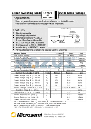 1N4150-1 datasheet - Silicon Switching Diode DO-35 Glass Package