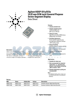 5082-511G-HH000 datasheet - 14.22 mm (0.56 inch) General Purpose Seven-Segment Display