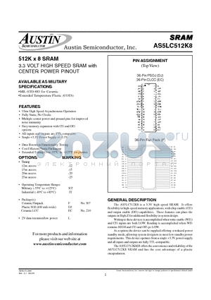 AS5LC512K8DJ-12L/883C datasheet - 512K x 8 SRAM 3.3 VOLT HIGH SPEED SRAM with CENTER POWER PINOUT