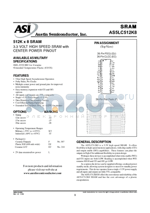 AS5LC512K8DJ-12L/XT datasheet - 512K x 8 SRAM 3.3 VOLT HIGH SPEED SRAM with CENTER POWER PINOUT