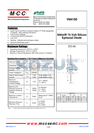 1N4150_12 datasheet - 500mW 75 Volt Silicon Epitaxial Diode