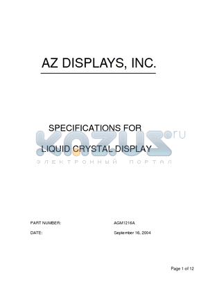 AGM1216A datasheet - SPECIFICATIONS FOR LIQUID CRYSTAL DISPLAY