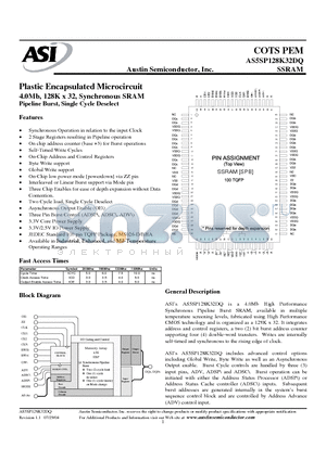 AS5SP128K32DQ datasheet - Plastic Encapsulated Microcircuit 4.0Mb, 128K x 32, Synchronous SRAM Pipeline Burst, Single Cycle Deselect