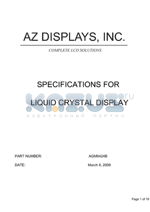 AGM6424B datasheet - SPECIFICATIONS FOR LIQUID CRYSTAL DISPLAY