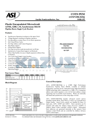 AS5SP128K36DQ-40IT datasheet - Plastic Encapsulated Microcircuit 4.5Mb, 128K x 36, Synchronous SRAM Pipeline Burst, Single Cycle Deselect