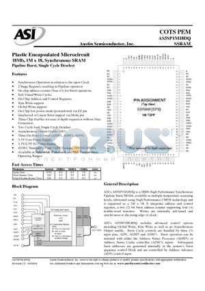 AS5SP1M18DQ-30ET datasheet - Plastic Encapsulated Microcircuit 18Mb, 1M x 18, Synchronous SRAM Pipeline Burst, Single Cycle Deselect