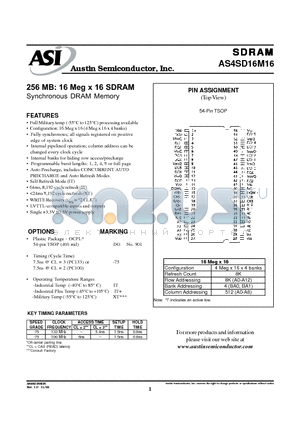 AS4SD16M16DG-75/IT+ datasheet - 256 MB: 16 Meg x 16 SDRAM Synchronous DRAM Memory