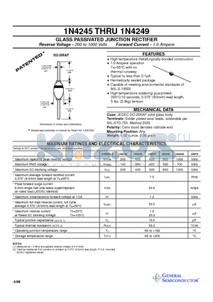 1N4245 datasheet - GLASS PASSIVATED JUNCTION RECTIFIER