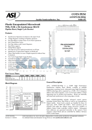 AS5SP512K18DQ datasheet - Plastic Encapsulated Microcircuit 9Mb, 512K x 18, Synchronous SRAM Pipeline Burst, Single Cycle Deselect