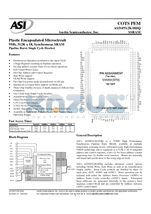 AS5SP512K18DQ-35XT datasheet - Plastic Encapsulated Microcircuit 9Mb, 512K x 18, Synchronous SRAM Pipeline Burst, Single Cycle Deselect