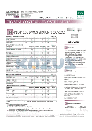 AGOV3S3 datasheet - 14 PIN DIP 3.3V LVMOS STRATUM 3 OCVCXO