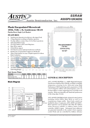 AS5SP512K36DQ datasheet - Plastic Encapsulated Microcircuit 18Mb, 512K x 36, Synchronous SRAM Pipeline Burst, Single Cycle Deselect