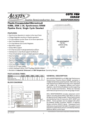 AS5SP256K36DQ datasheet - Plastic Encapsulated Microcircuit 9.0Mb, 256K x 36, Synchronous SRAM Pipeline Burst, Single Cycle Deselect