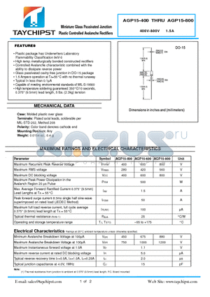 AGP15-600 datasheet - Miniature Glass Passivated Junction Plastic Controlled Avalanche Rectifiers