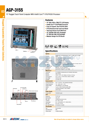 AGP-3155 datasheet - 15 Rugged Touch Panel Computer With Intel^ Core i7/i5/P4500 Processor