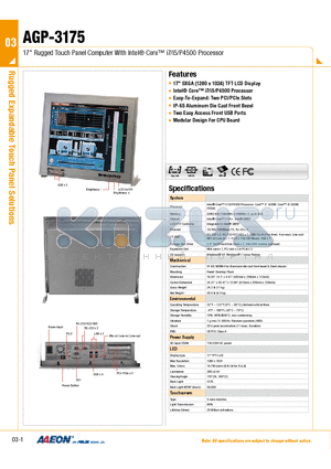 AGP-3175 datasheet - 17 Rugged Touch Panel Computer With Intel Core i7/i5/P4500 Processor