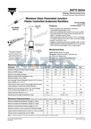 AGP15-400 datasheet - Miniature Glass Passivated Junction Plastic Controlled Avalanche Rectifiers