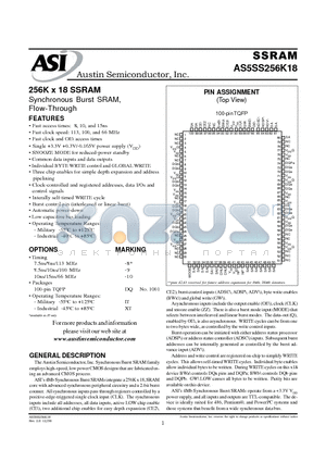 AS5SS256K18 datasheet - 256K x 18 SSRAM Synchronous Burst SRAM, Flow-Through
