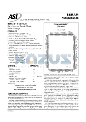 AS5SS256K18DQ-9/IT datasheet - 256K x 18 SSRAM Synchronous Burst SRAM, Flow-Through