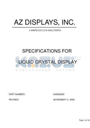 AGM3224K datasheet - SPECIFICATIONS FOR LIQUID CRYSTAL DISPLAY