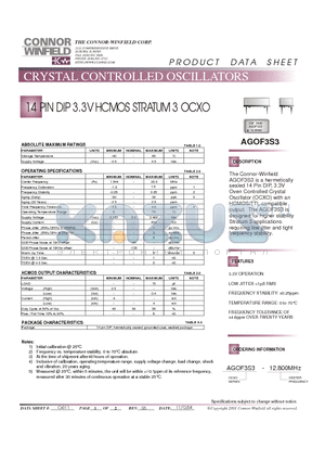 AGOF3S3-12.800 datasheet - 14 PIN DIP 3.3V HCMOS STRATUM 3 OCXO