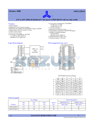 AS6UA25616-TI datasheet - 2.3V to 3.6V 256K16 Intelliwatt low-power CMOS SRAM with one chip enable