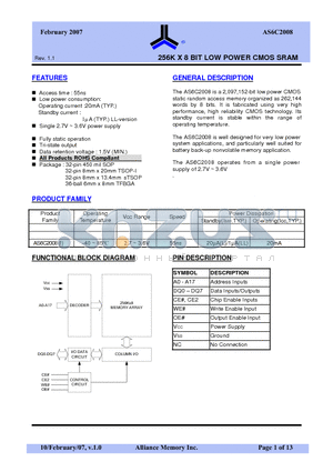 AS6C2008 datasheet - 256K X 8 BIT LOW POWER CMOS SRAM