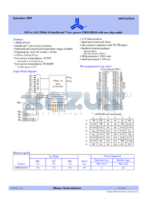 AS6WA25616-BI datasheet - 3.0V to 3.6V 256K X 6 IntelliwattTM low-power CMOS SRAM with one chip enable