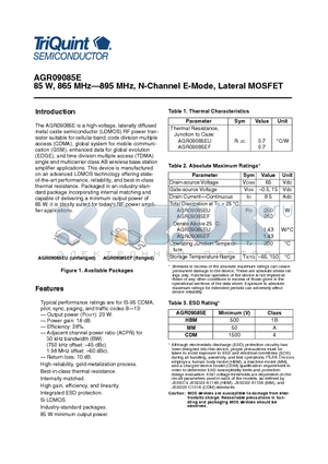 AGR09085EU datasheet - 85 W, 865 MHz-895 MHz, N-Channel E-Mode, Lateral MOSFET