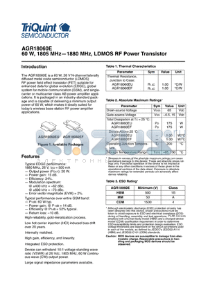 AGR18060E datasheet - 60 W, 1805 MHz-1880 MHz, LDMOS RF Power Transistor