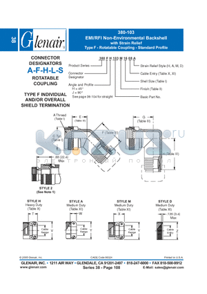 380FH103B12 datasheet - EMI/RFI Non-Environmental Backshell with Strain Relief