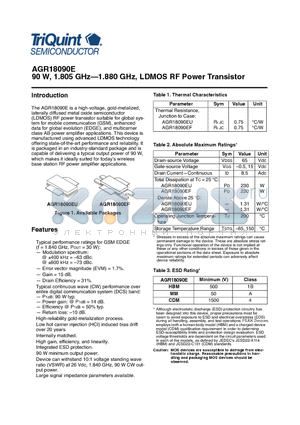 AGR18090E datasheet - 90 W, 1.805 GHz-1.880 GHz, LDMOS RF Power Transistor