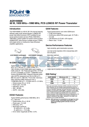 AGR19060EF datasheet - 60 W, 1930 MHz-1990 MHz, PCS LDMOS RF Power Transistor