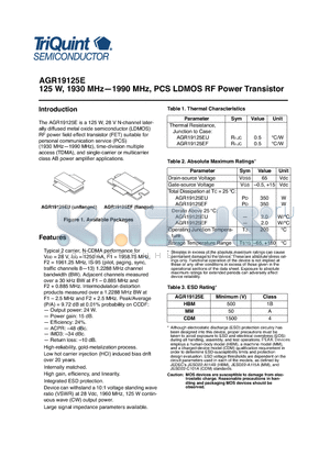 AGR19125E datasheet - 125 W, 1930 MHz-1990 MHz, PCS LDMOS RF Power Transistor