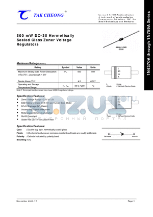 1N4371A datasheet - 500 mW DO-35 Hermetically Sealed Glass Zener Voltage Regulators