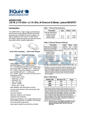 AGR21125E datasheet - 125 W, 2.110 GHz-2.170 GHz, N-Channel E-Mode, Lateral MOSFET