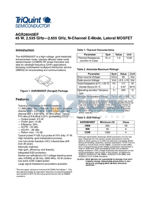 AGR26045EF datasheet - 45 W, 2.535 GHz-2.655 GHz, N-Channel E-Mode, Lateral MOSFET