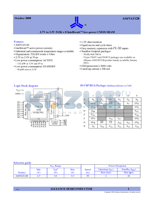 AS6VA5128 datasheet - 2.7V to 3.3V 512K X 8  Intelliwatt low-power CMOS SRAM