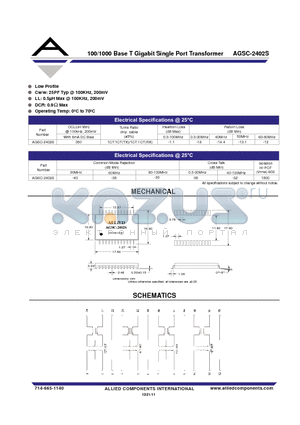 AGSC-2402S datasheet - 100/1000 Base T Gigabit Single Port Transformer