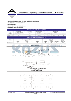 AGSC-2404S datasheet - 100/1000 Base T Gigabit Single Port LAN Filter Module