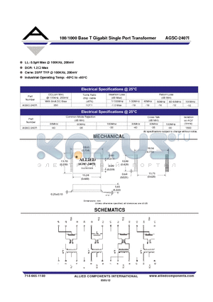 AGSC-2407I datasheet - 100/1000 Base T Gigabit Single Port Transformer