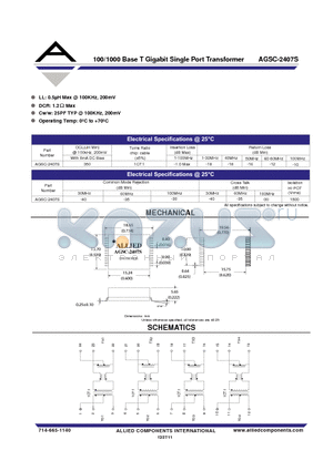 AGSC-2407S datasheet - 100/1000 Base T Gigabit Single Port Transformer
