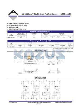 AGSC-2408BS datasheet - 100/1000 Base T Gigabit Single Port Transformer